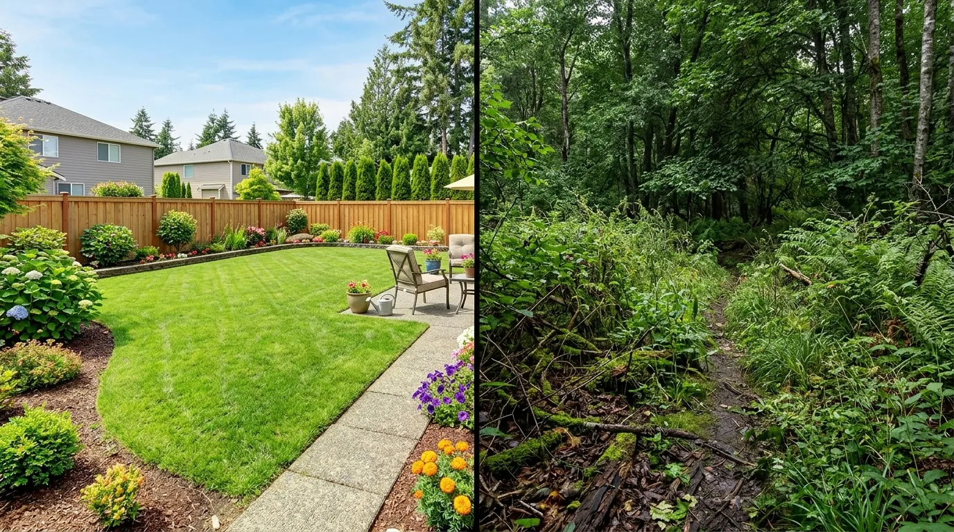 Split screen of a neat suburban yard and an overgrown forest edge