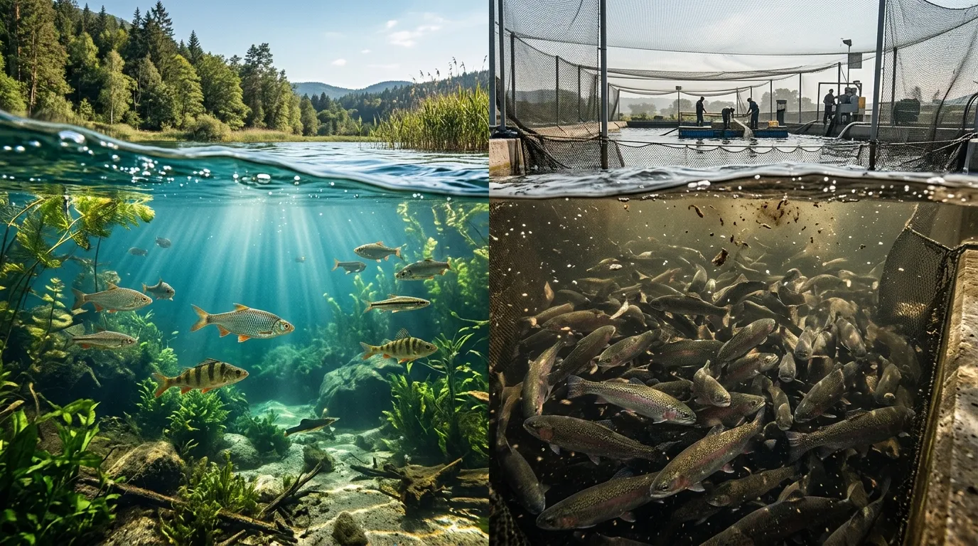 A split-view showing clean open water habitats compared to crowded commercial fish farming ponds.