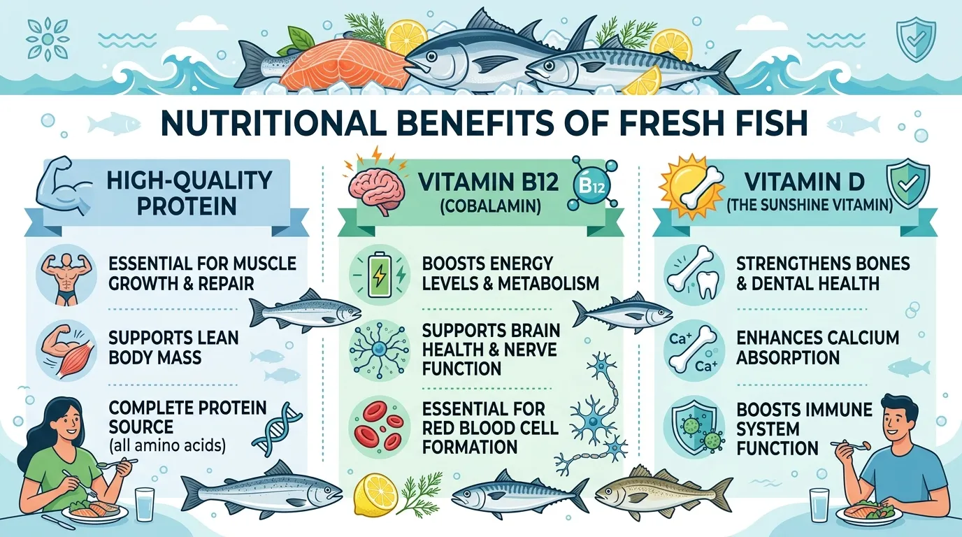 Infographic illustrating the high protein, Vitamin B12, and Vitamin D benefits of tilapia.