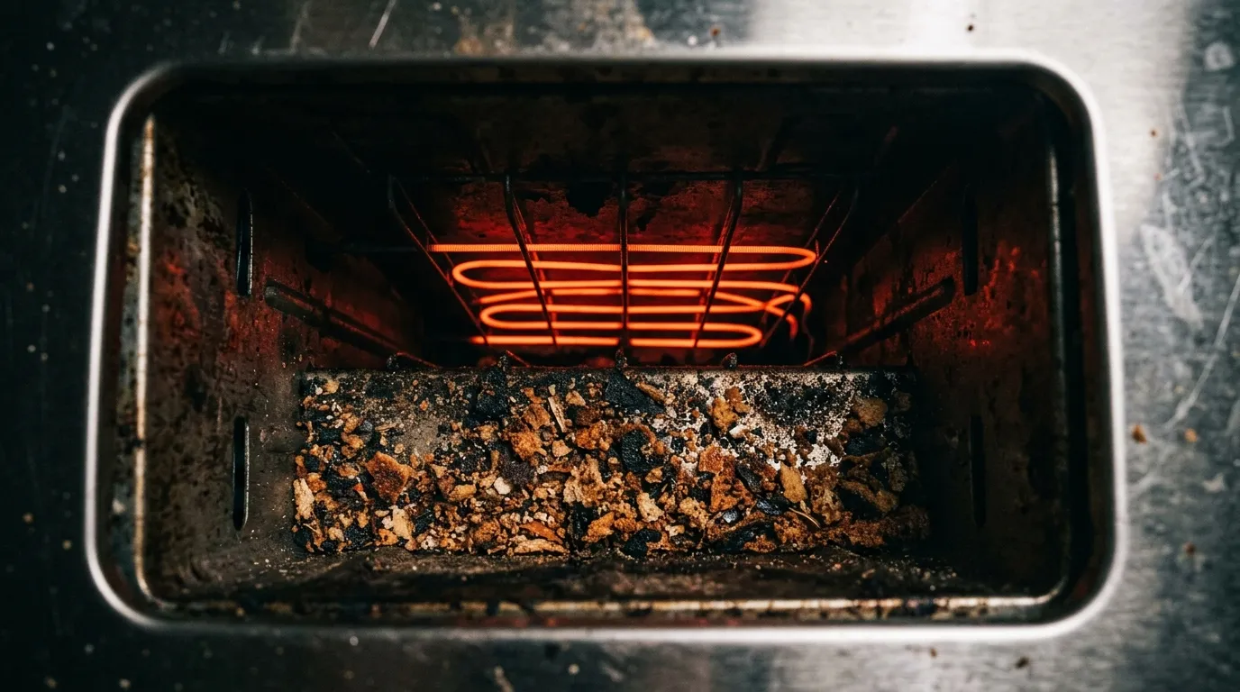 Close up view of bread crumbs collecting at the bottom of a toaster near heating elements