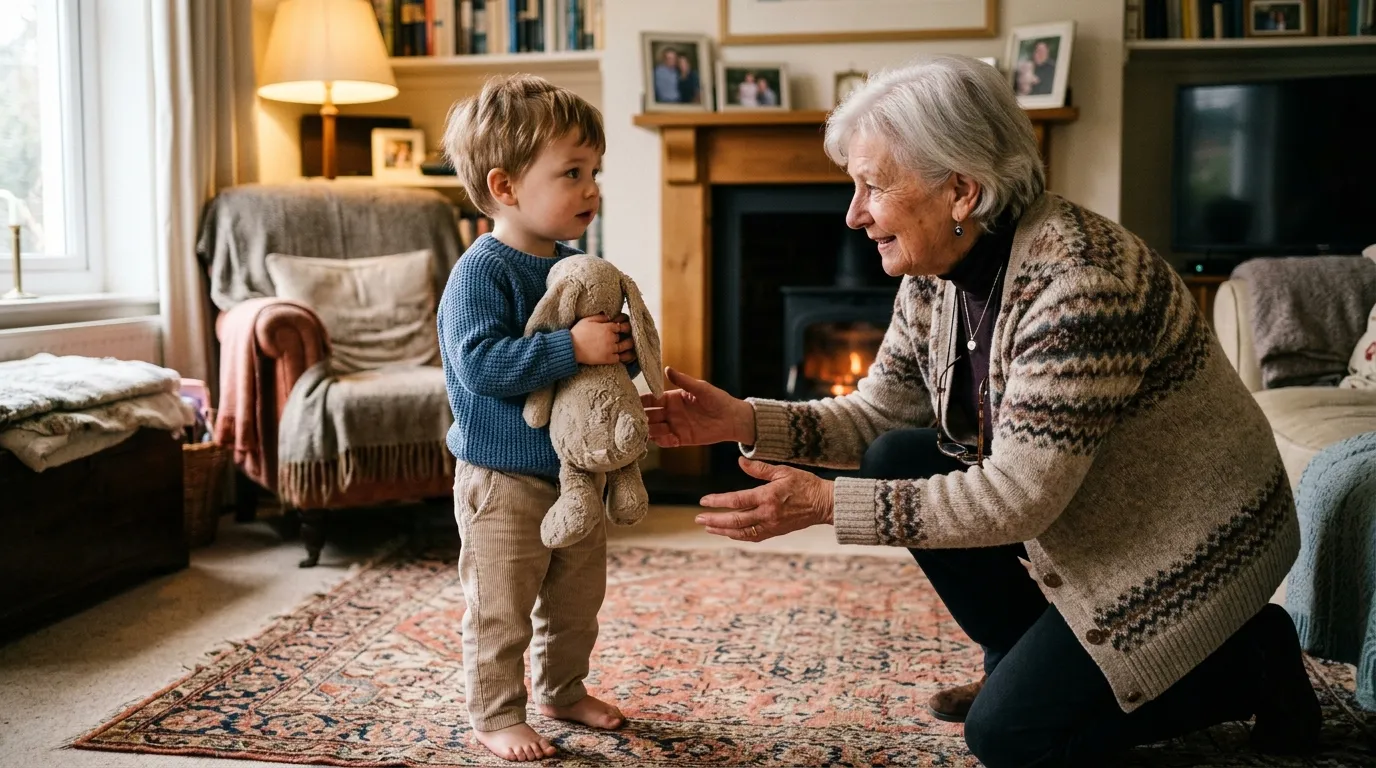 A toddler holding a stuffed rabbit looking up at his grandmother