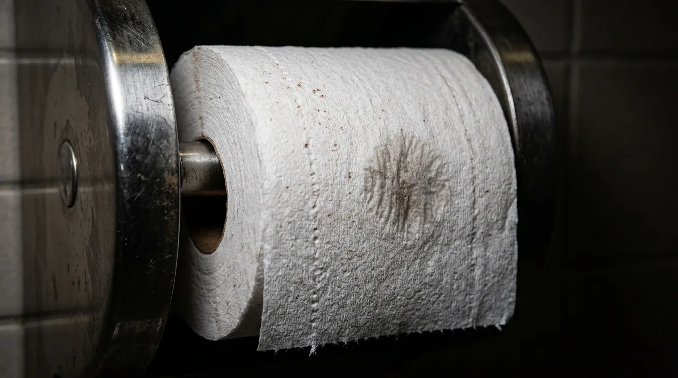 Close up of a toilet paper roll in a dispenser with subtle suspicious stains