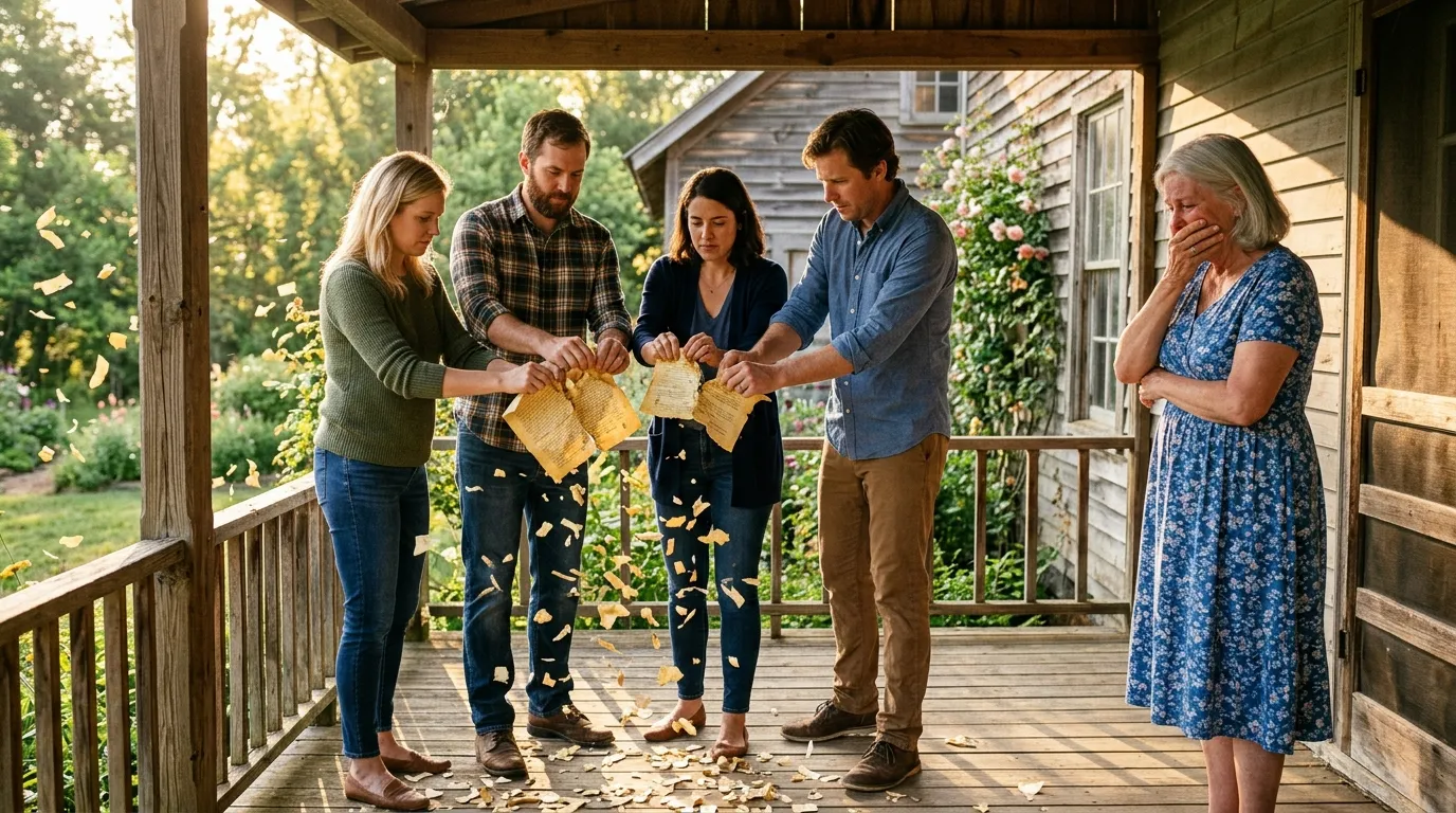 Four adults tearing a yellowed legal document into pieces on a sunlit porch.