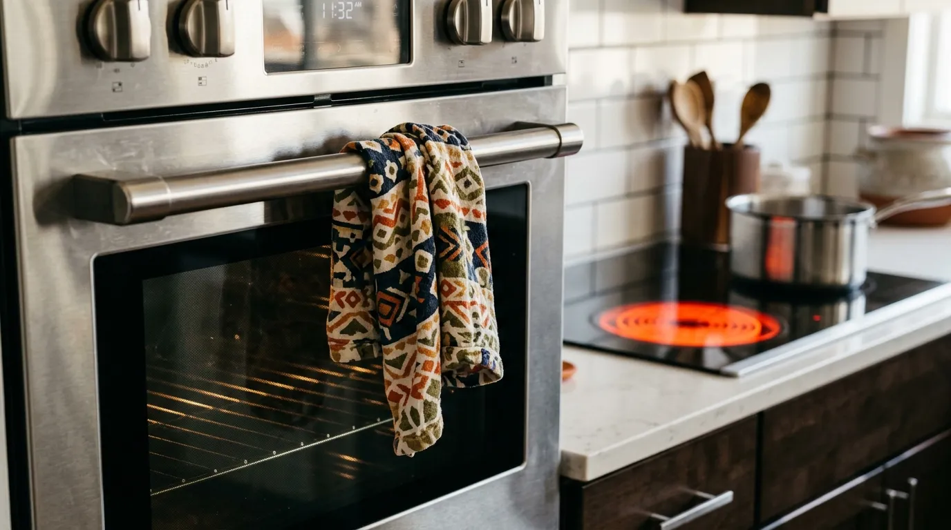 A kitchen towel draped dangerously over an oven handle near a hot stove