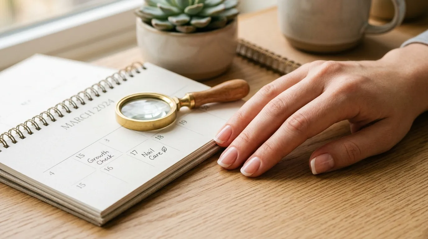 Close up of healthy hands resting next to a calendar and a magnifying glass to track time.