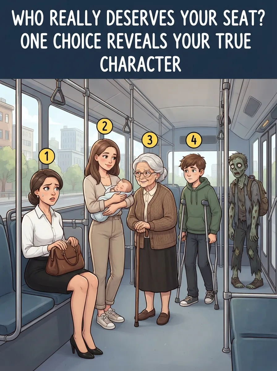 Illustration of a crowded train with a mother, elderly woman, injured man, and a zombie waiting for a seat