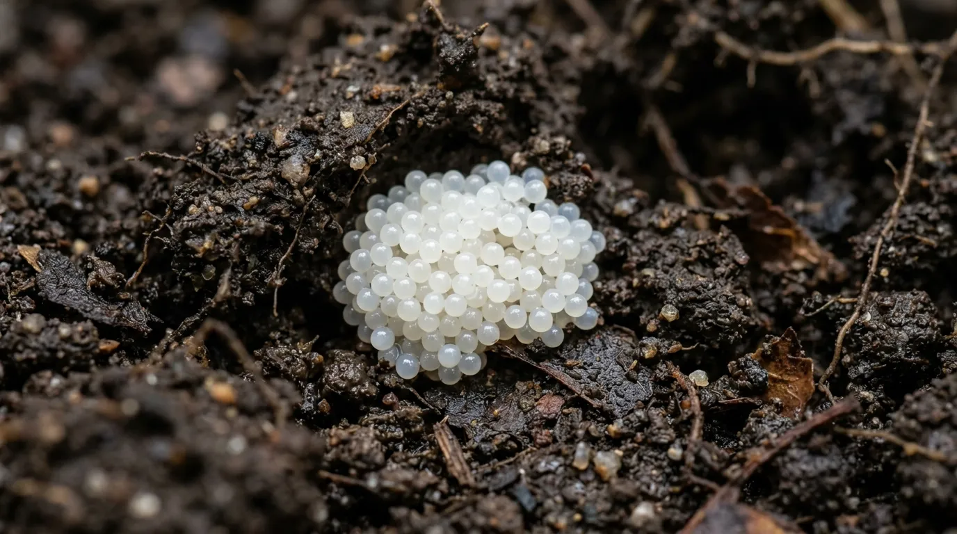A cluster of tiny, translucent white eggs nestled in dark garden soil