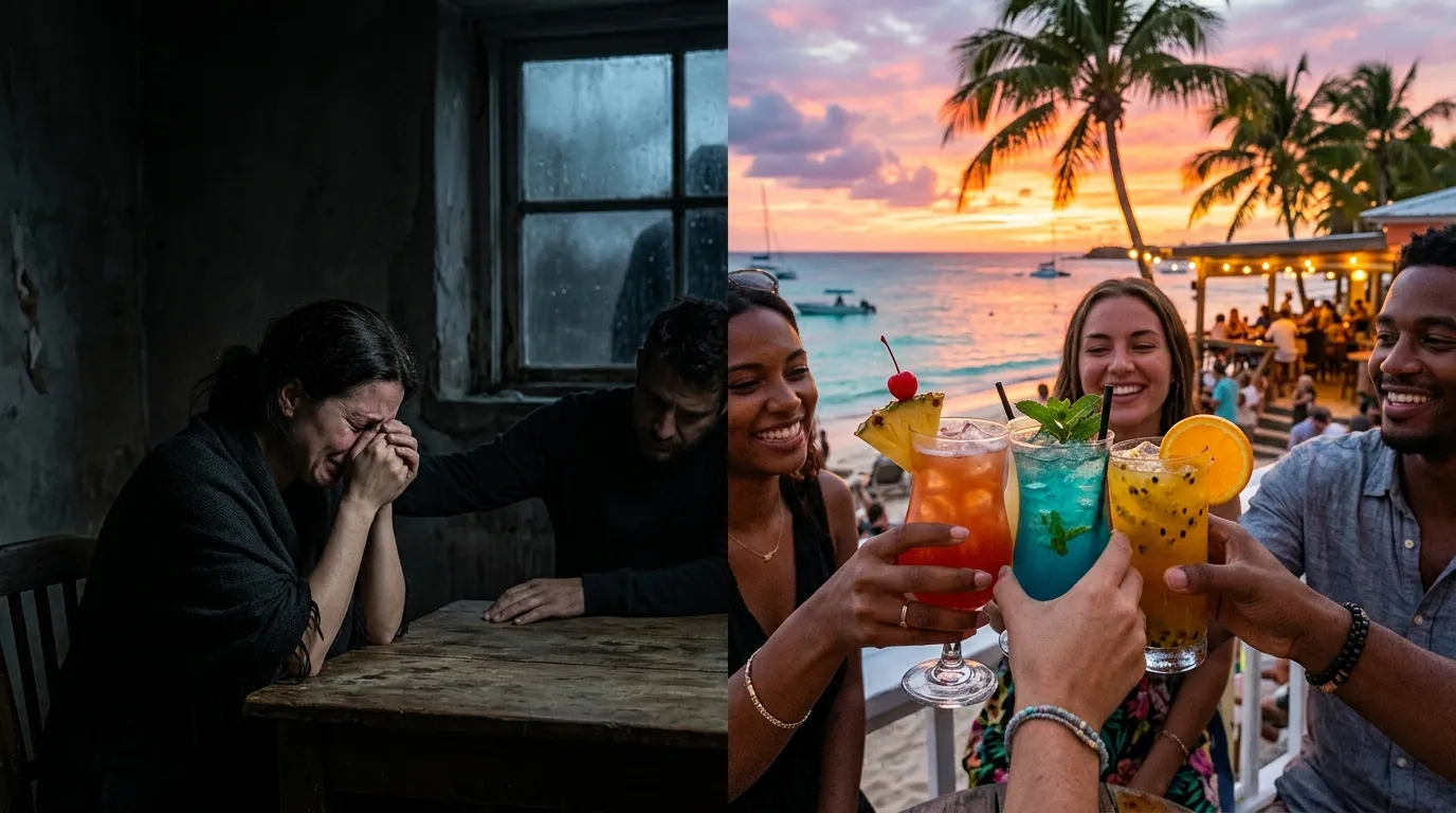 Three colorful tropical cocktails raised in a toast against a sunny beach sunset