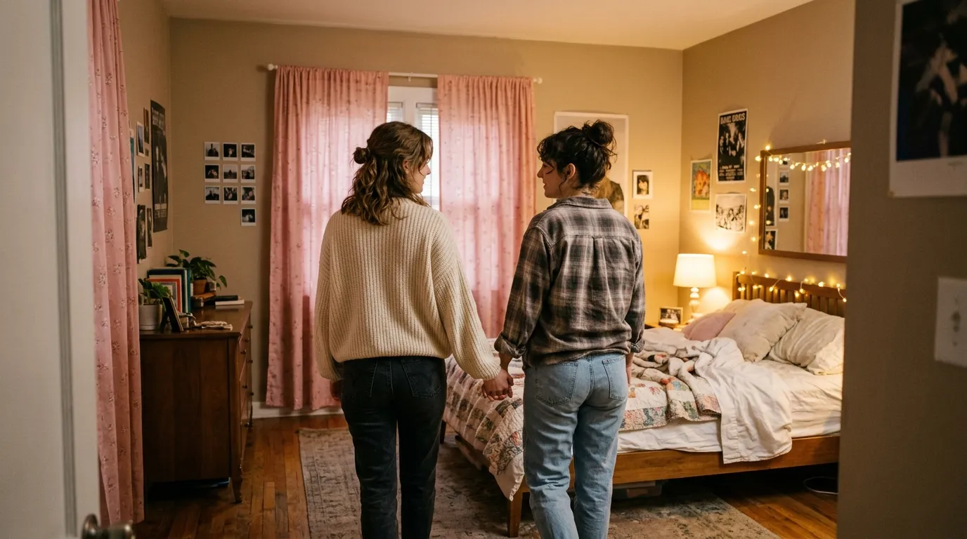 Two young women holding hands walking into a bedroom