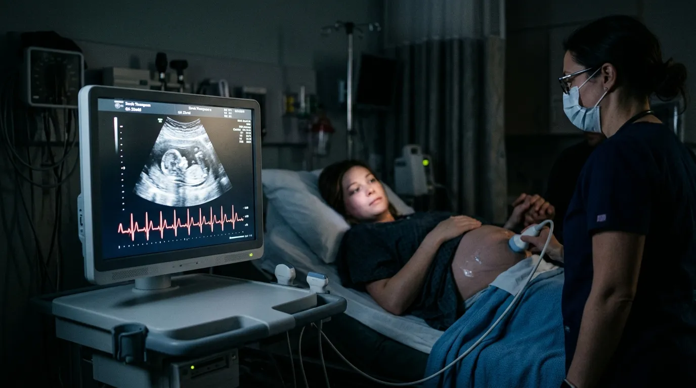 An ultrasound monitor showing a baby's heartbeat in a dimly lit hospital room