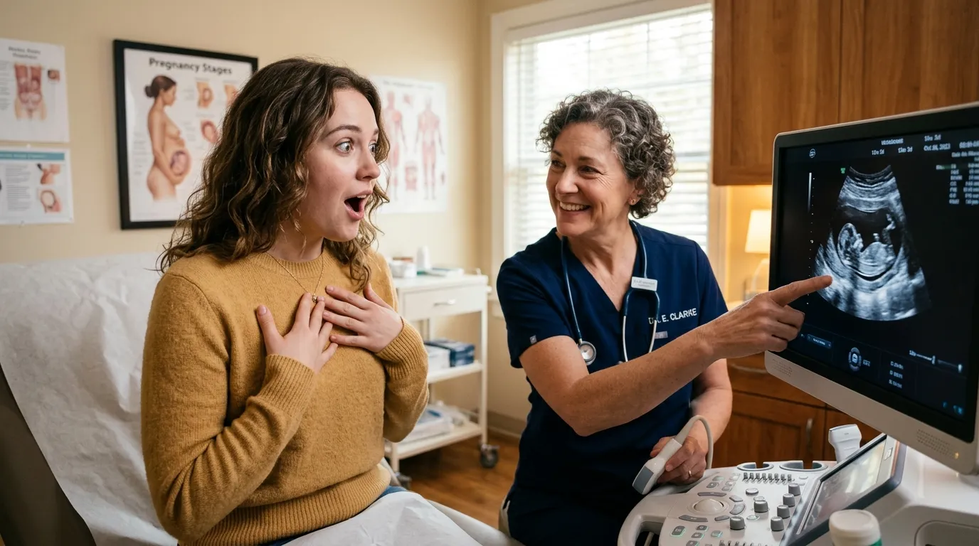 Young mother looking shocked at an ultrasound monitor with a doctor