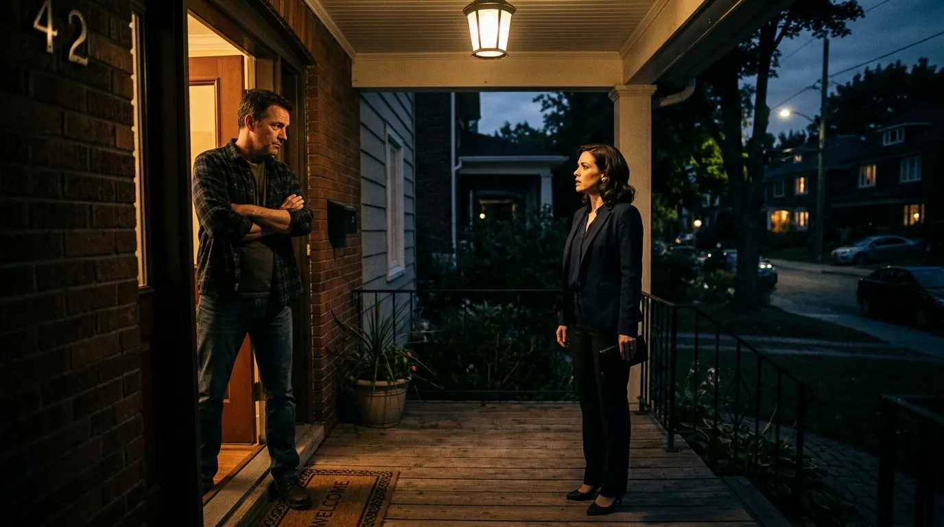Tense confrontation between a father and his ex-wife on a front porch at night