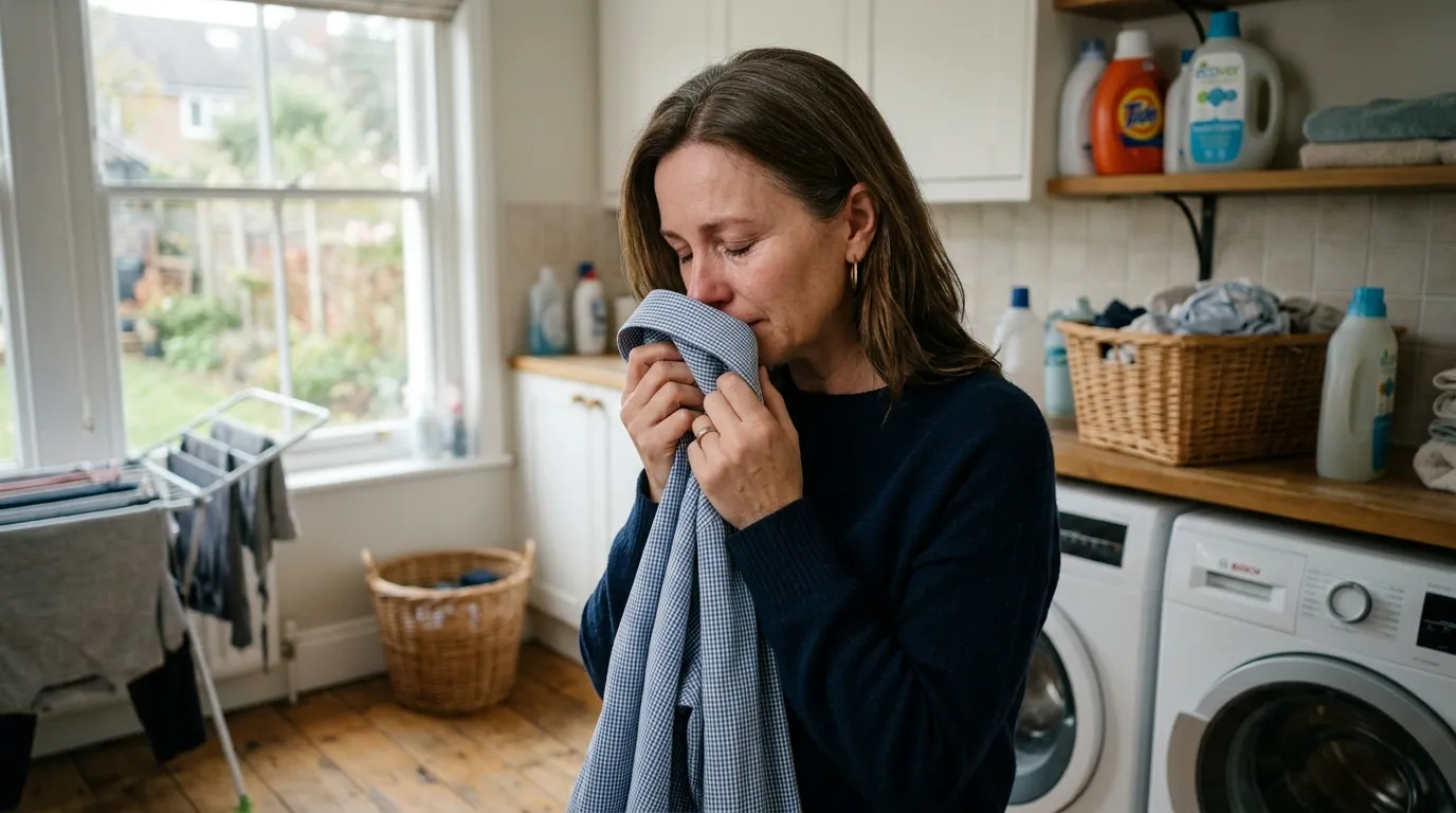 A woman holding a men's shirt in a softly lit laundry room