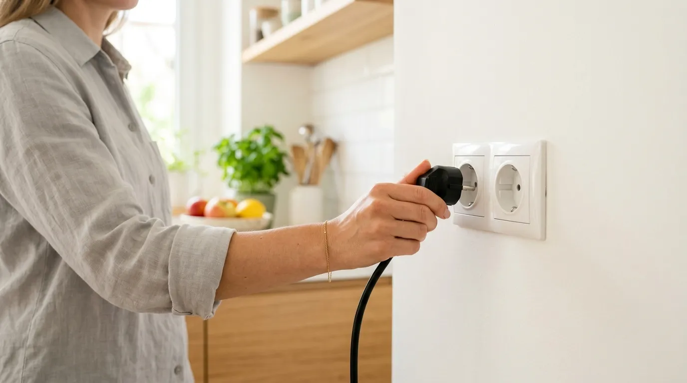 A person pulling the electrical plug of a toaster out of the wall socket for safety