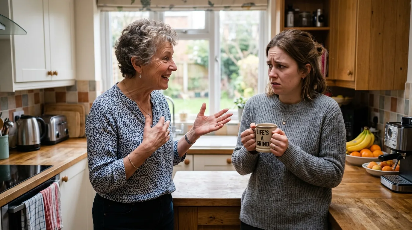 Older woman giving advice to a stressed young woman in a kitchen