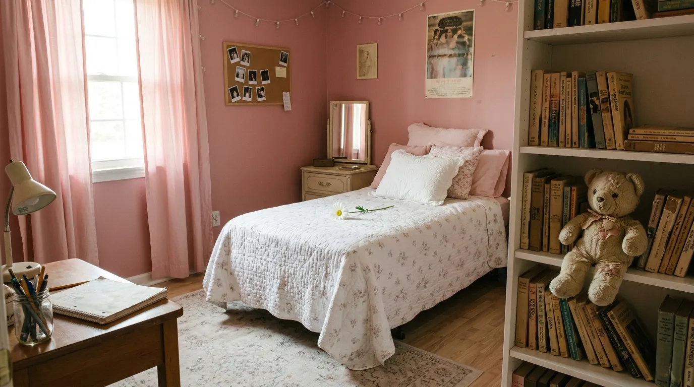 An untouched teenager's bedroom with a single white daisy on the bed