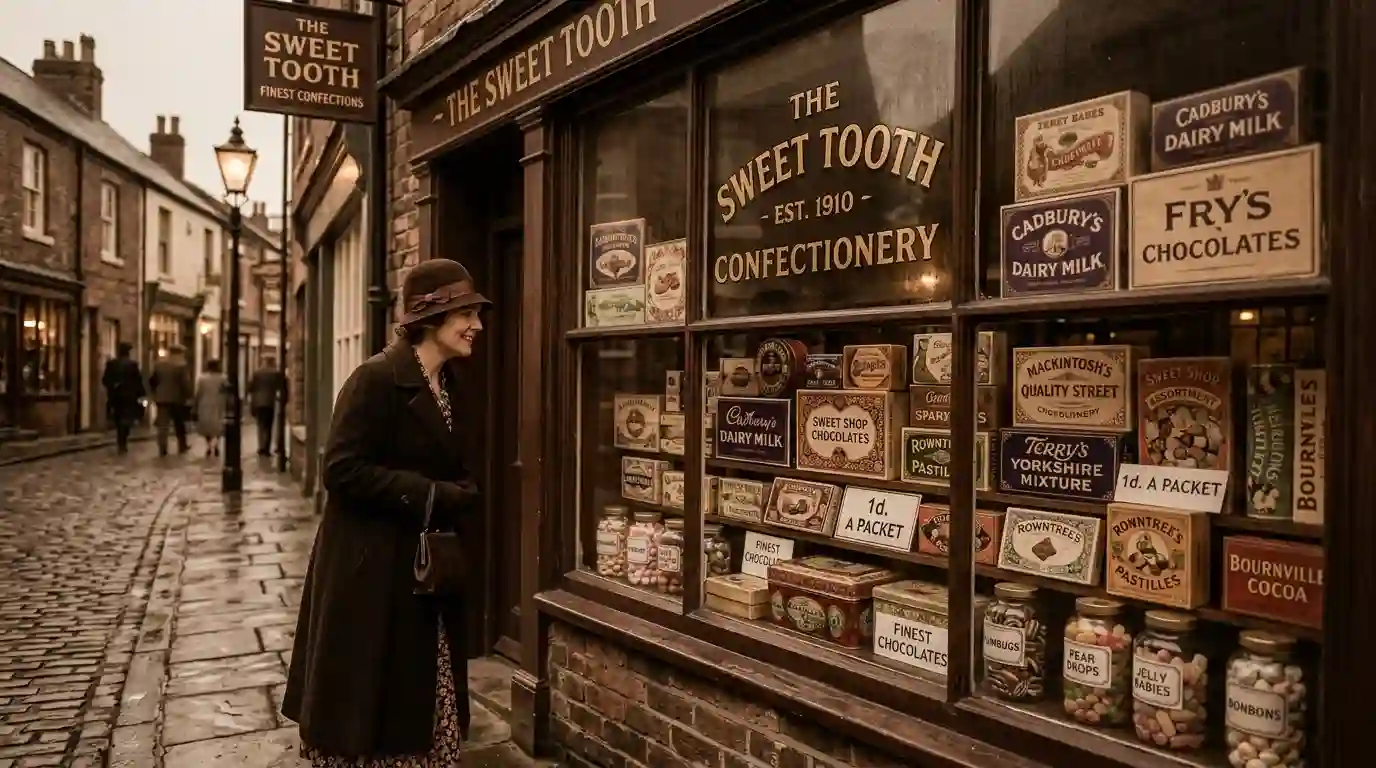 Vintage 1930s British candy shop window displaying boxes of chocolates