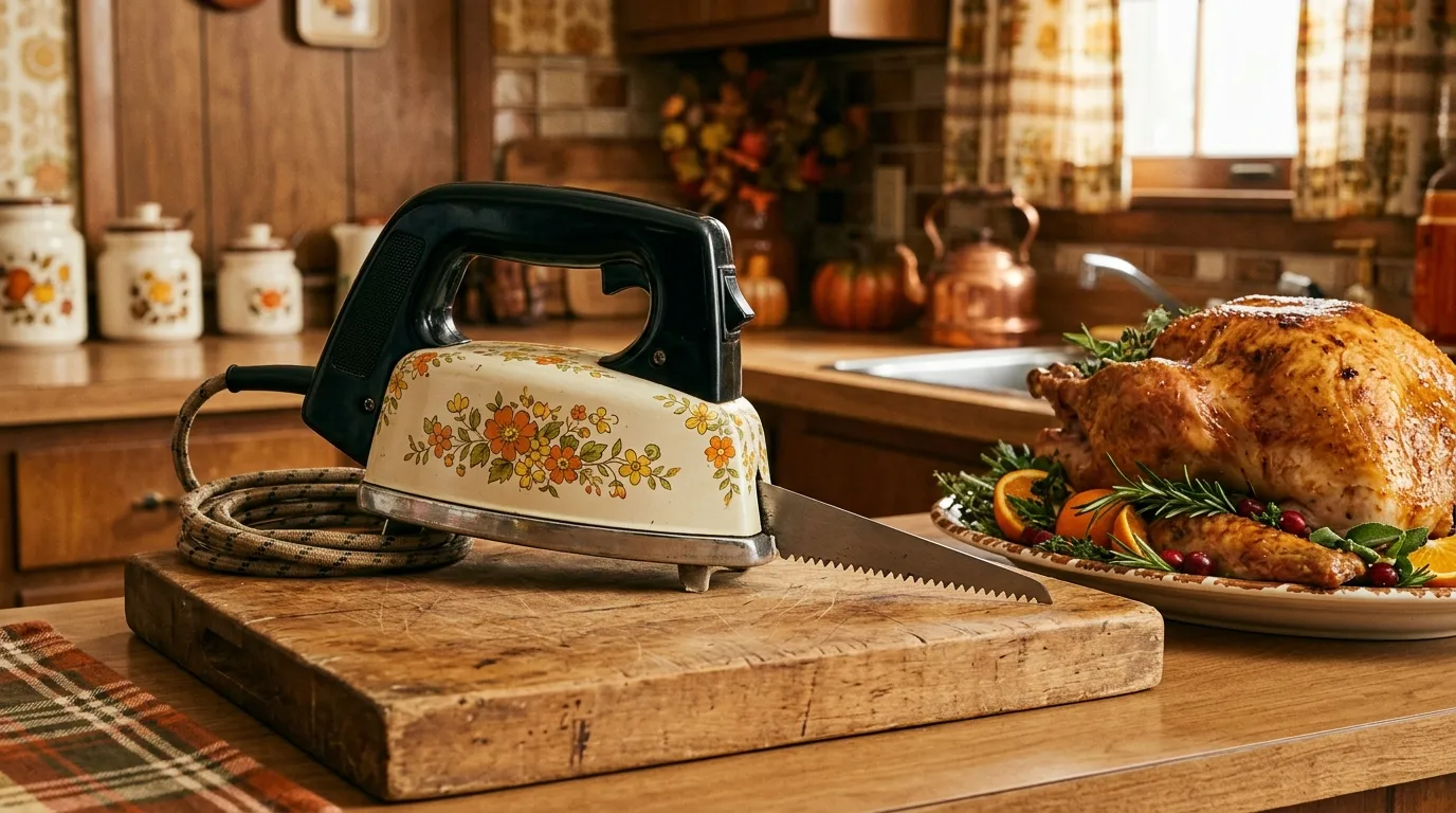 A vintage electric kitchen saw with a retro floral pattern sitting on a chopping block next to a holiday roast turkey
