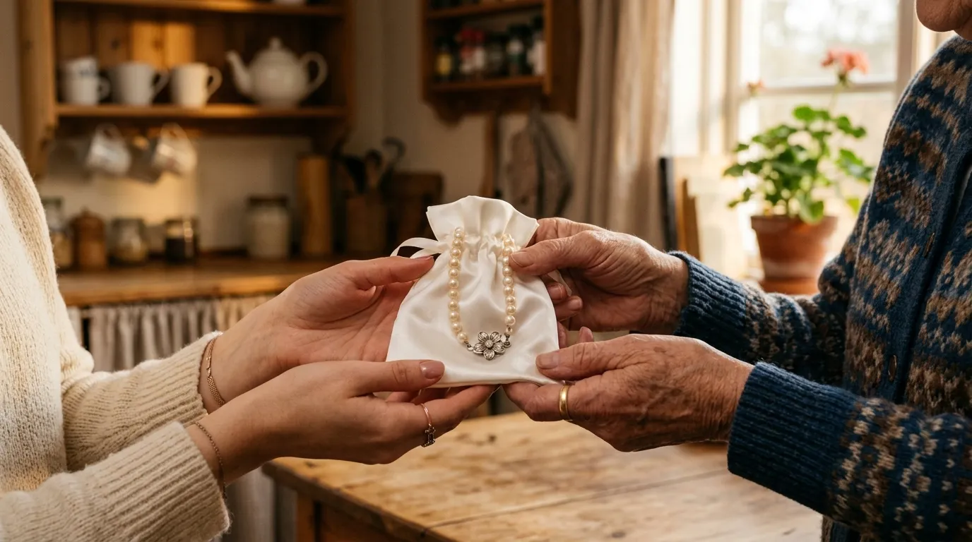 An older woman handing a white satin pouch with vintage pearls to a younger woman