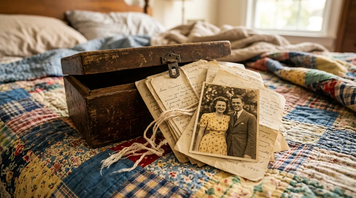 A vintage wooden box open on a bed, with faded letters and a photograph spilling out.