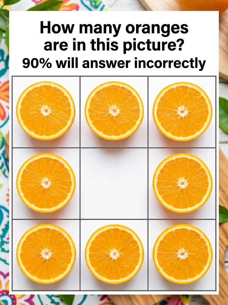 Top-down view of eight brightly colored orange halves arranged in a square on a light pastel background.