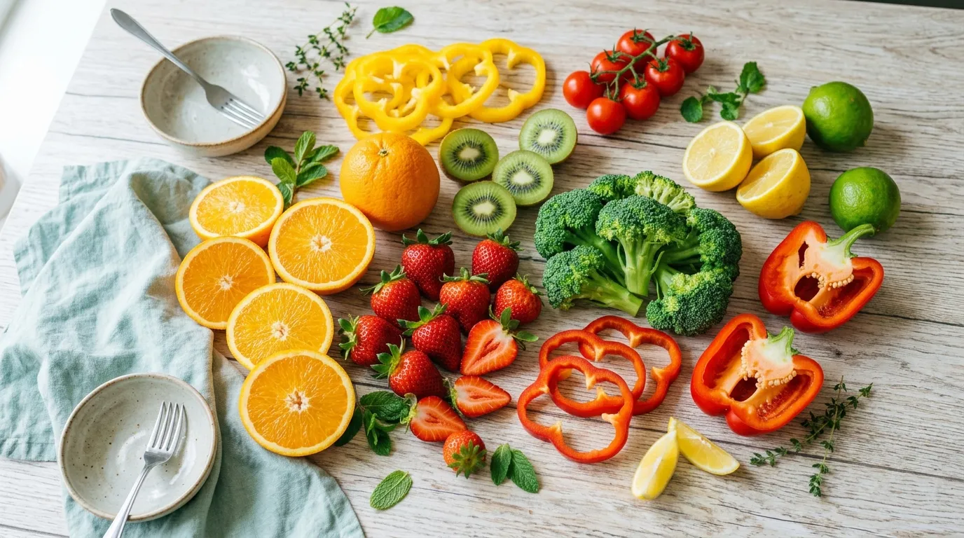 Colorful arrangement of citrus fruits, berries, peppers, and broccoli