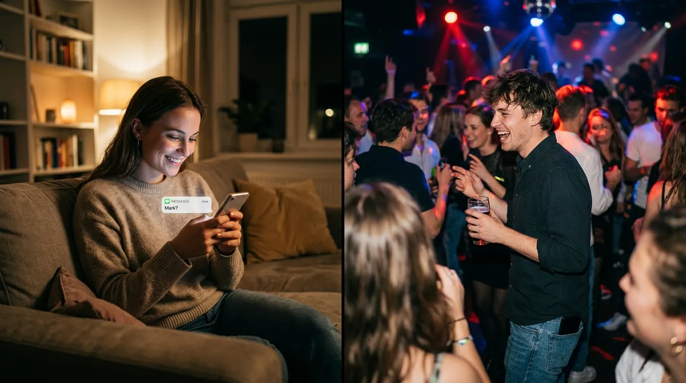Split screen showing a hopeful person looking at their phone on one side, and an indifferent person ignoring theirs on the other.