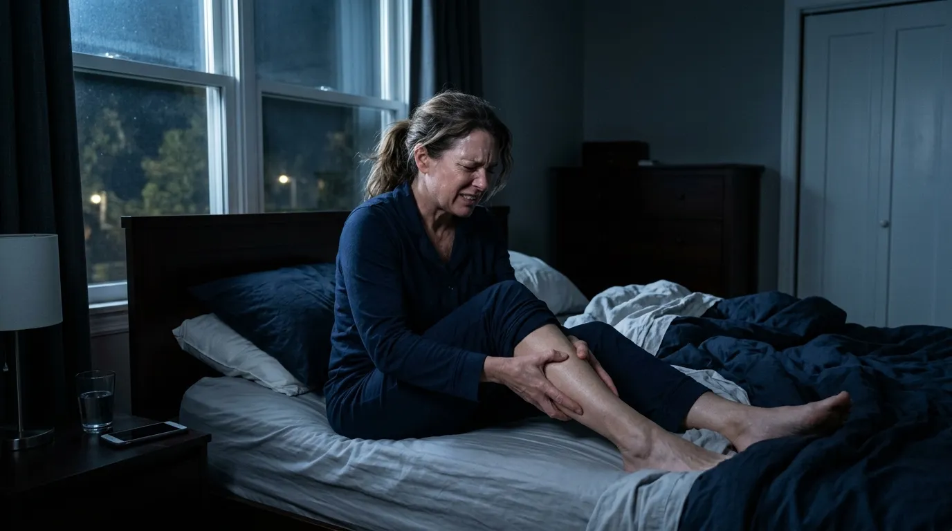 Woman waking up in the middle of the night clutching her painful calf muscle