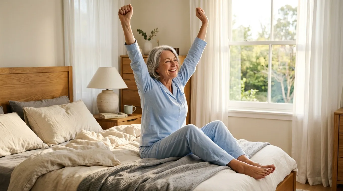 A joyful older woman smiling and stretching in her sunlit bedroom, looking energetic.