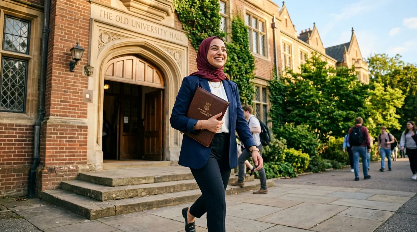 A woman holding a leather award folder, walking out of a university building into bright sunshine.