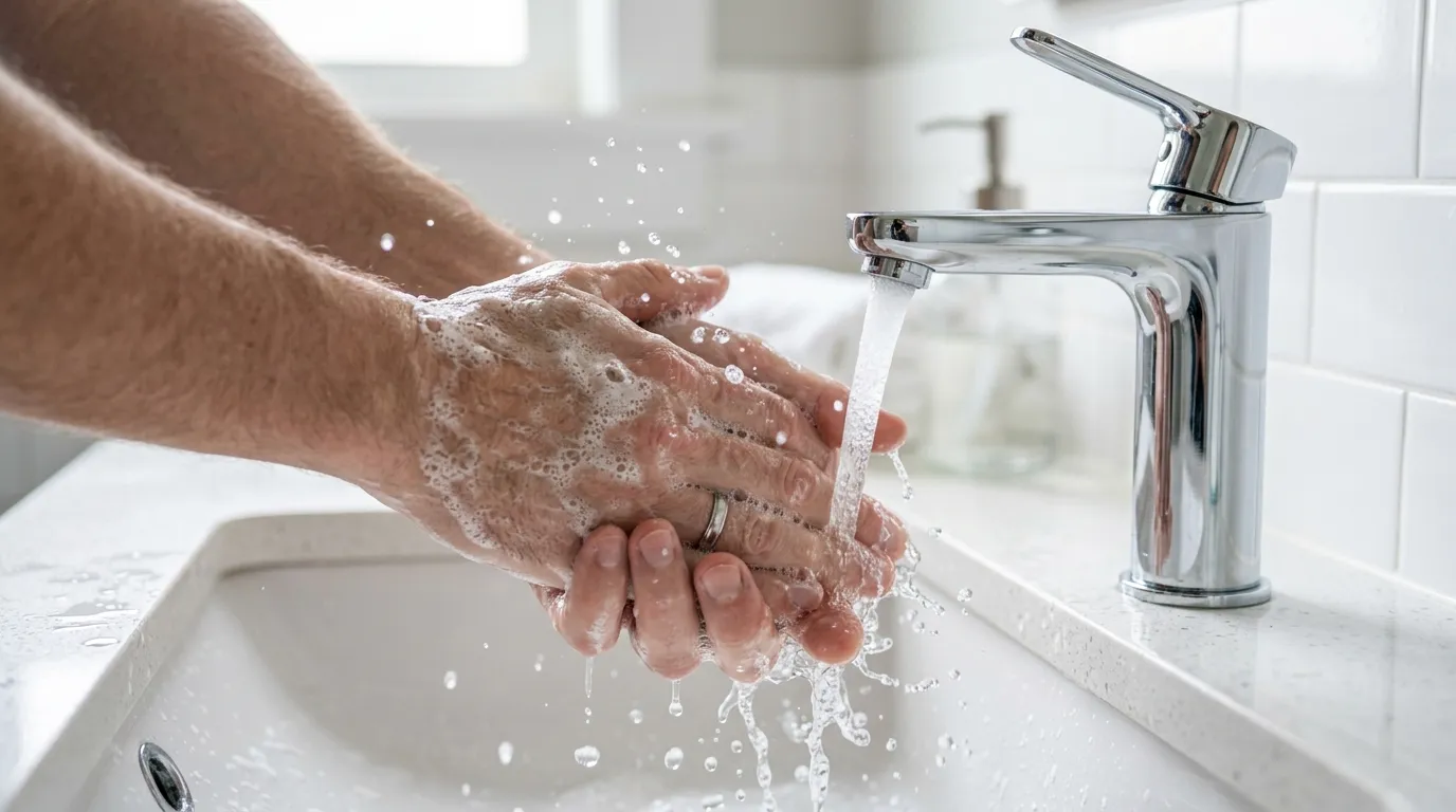 A person washing their hands thoroughly with soap and running water