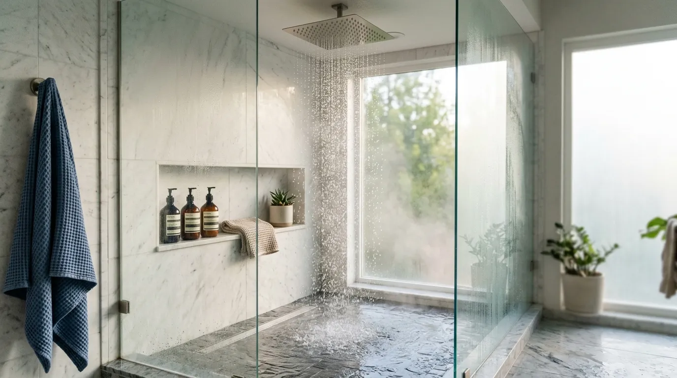 A sleek modern shower with running water illustrating daily bathroom routines