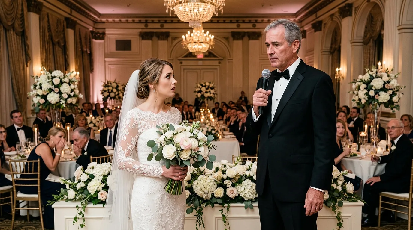 An older groom making an announcement on a microphone at his wedding while the bride looks completely shocked.