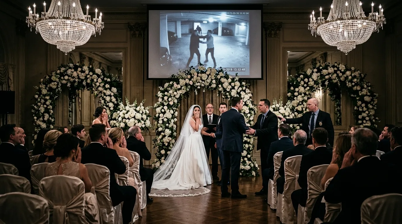 Wedding guests watching parking garage security footage on large screen in a ballroom
