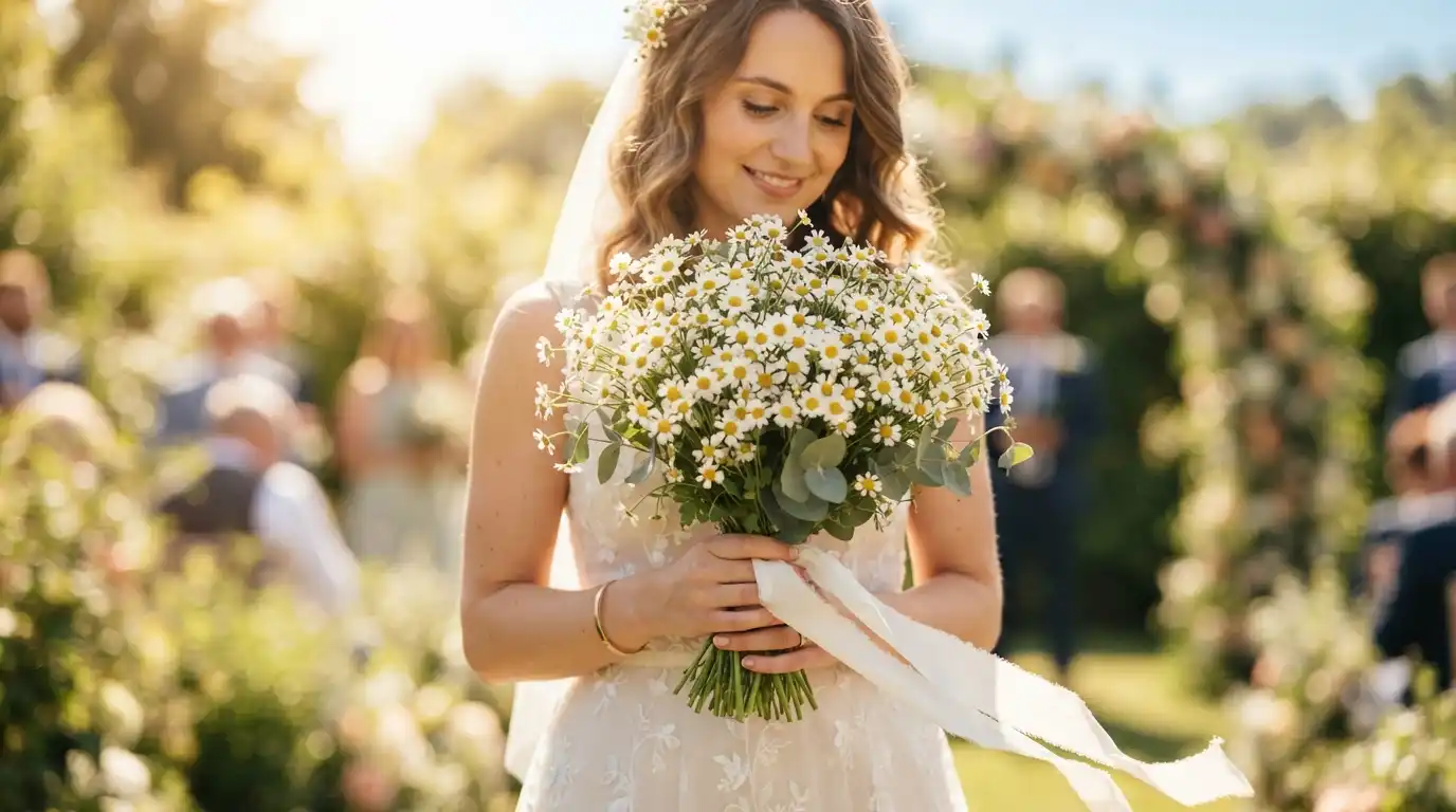 Beautiful close up of a wedding bouquet made of fresh white daisies tied with a white ribbon