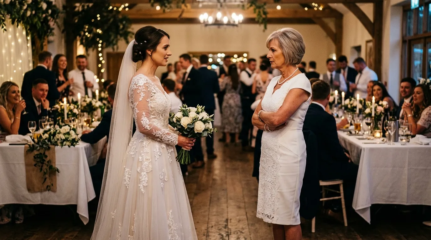 A tense wedding reception where the mother-in-law is inappropriately wearing a white dress while looking suspiciously at the bride.