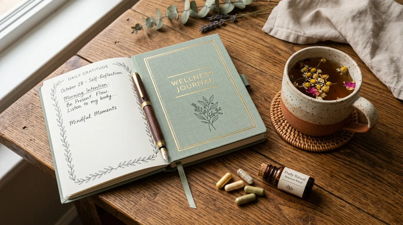 A flat lay of a wellness journal, herbal tea, and supplements on a wooden table