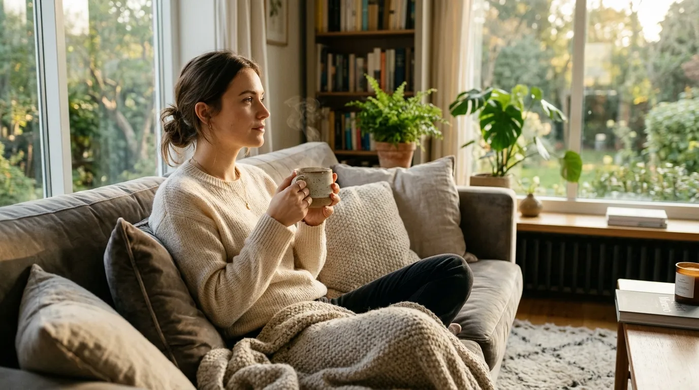 A person resting thoughtfully with a warm drink, taking a moment of self-care.