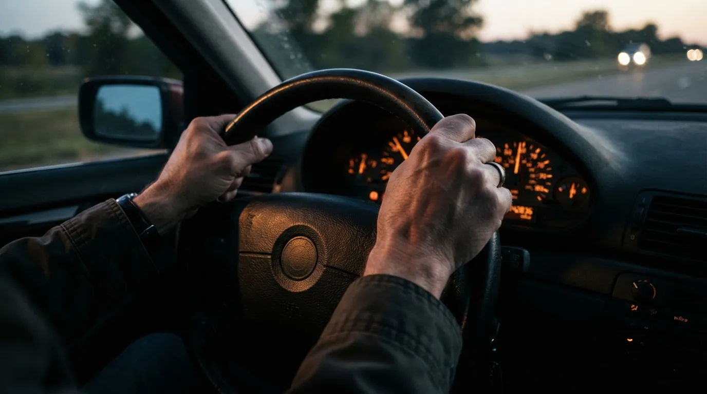 Close up of a man's hands gripping a steering wheel tightly with the speedometer blurring past 55 mph