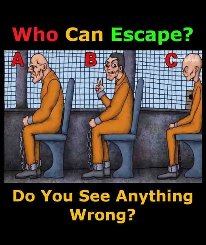Three prisoners labeled A, B, and C sitting on chairs in a holding cell with ankle shackles