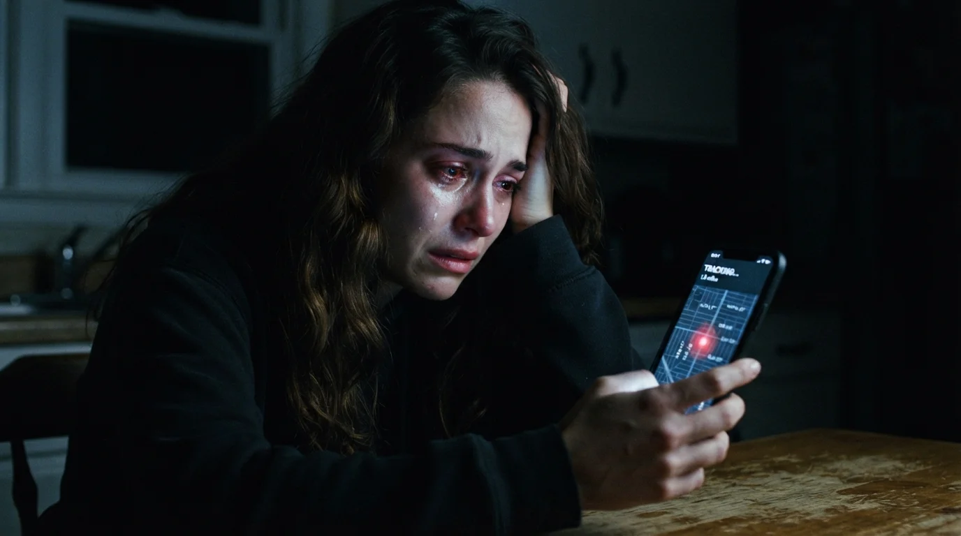 Anxious wife sitting in the dark, staring at a glowing GPS tracking map on her phone