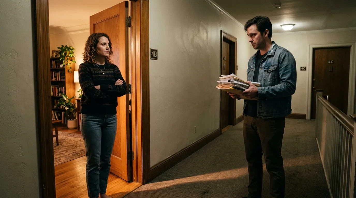 A strong woman standing in the doorway of a modest apartment while her husband stands in the hall holding papers