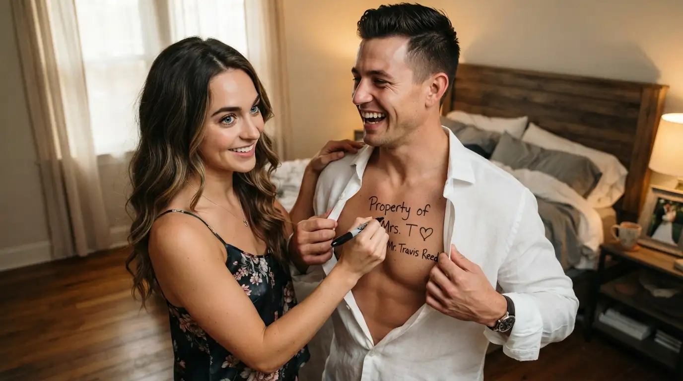 Wife playfully writing a message on her laughing husband's bare chest with a marker