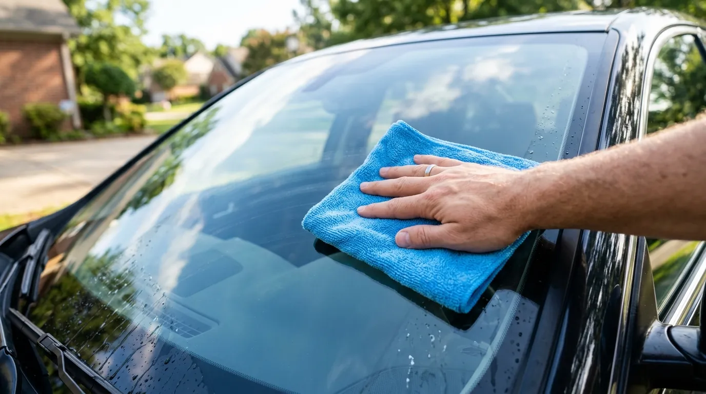A hand using a soft microfiber cloth to clean a car windshield