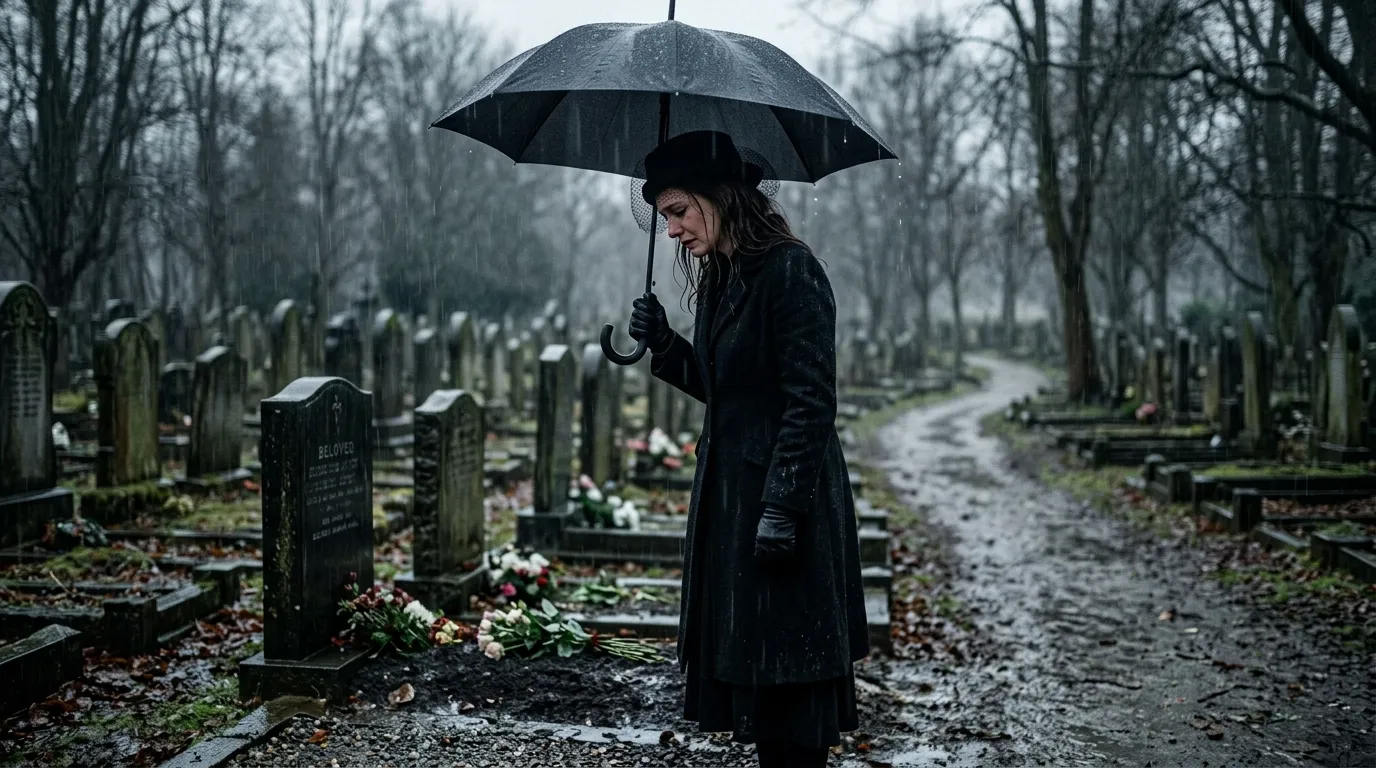 A grieving woman standing alone in a dark, rainy cemetery