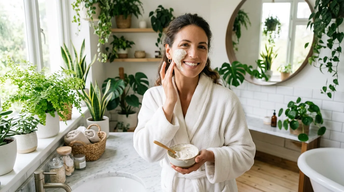 A smiling woman in a white bathrobe applying a creamy face mask in a bright bathroom