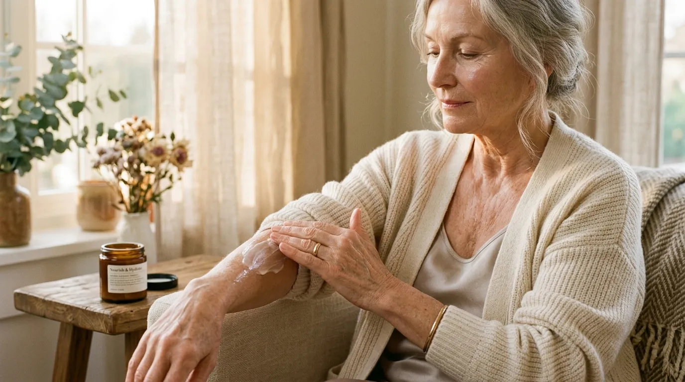 Close up of an older woman gently applying a rich, creamy moisturizer to her arm.