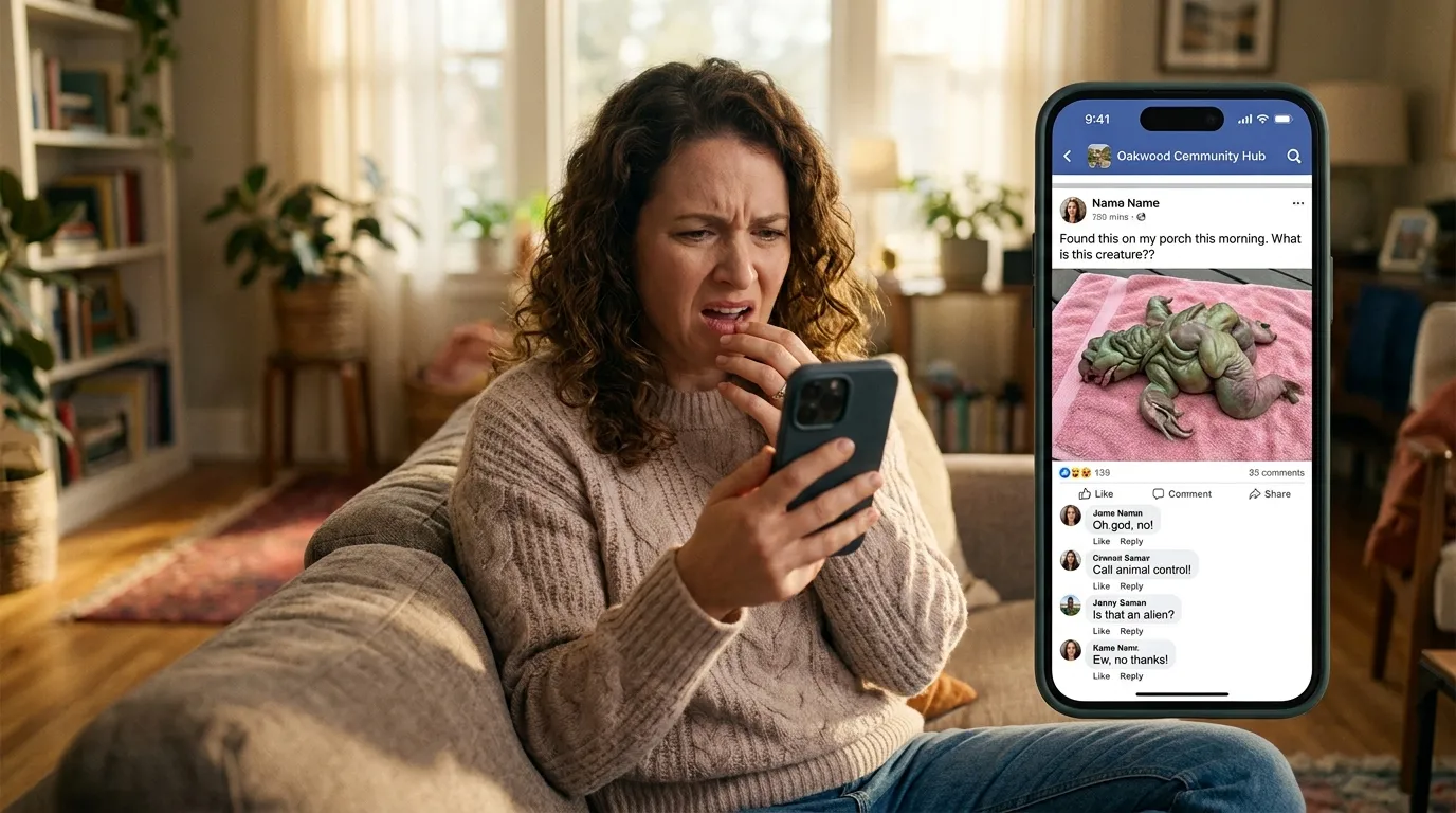 A woman on a couch looking at her phone with a bewildered and disgusted expression displaying a photo of the fleshy creature