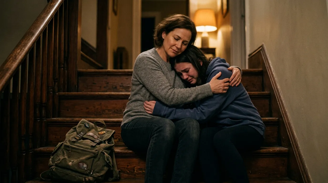An adult woman comforting a crying teenage girl sitting on the stairs