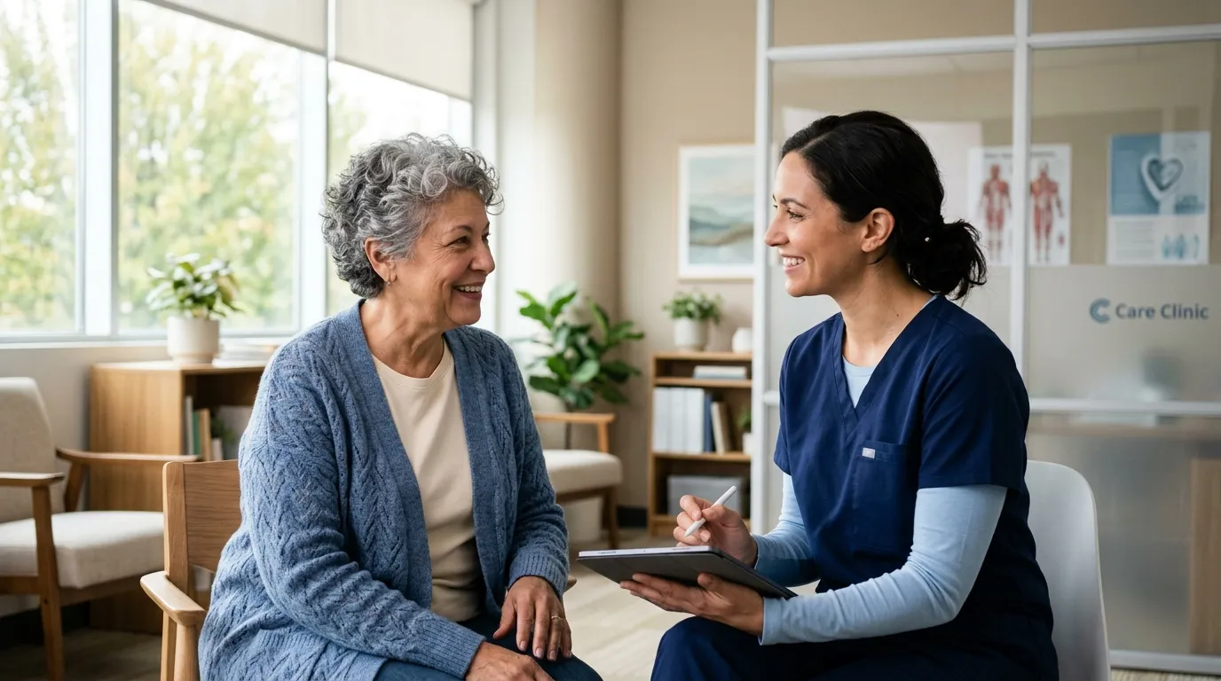 An older woman sitting in a bright doctor's office, smiling and chatting comfortably with a friendly female doctor.